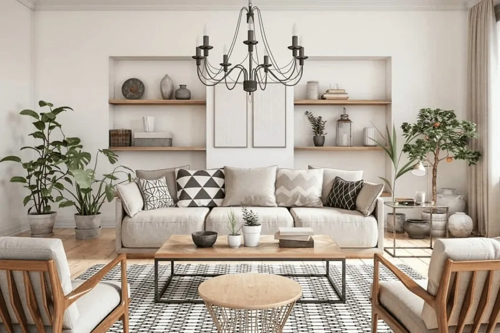 Akşam karanlığında şömine ışığıyla aydınlanan Danimarka salonu, hygge atmosferi